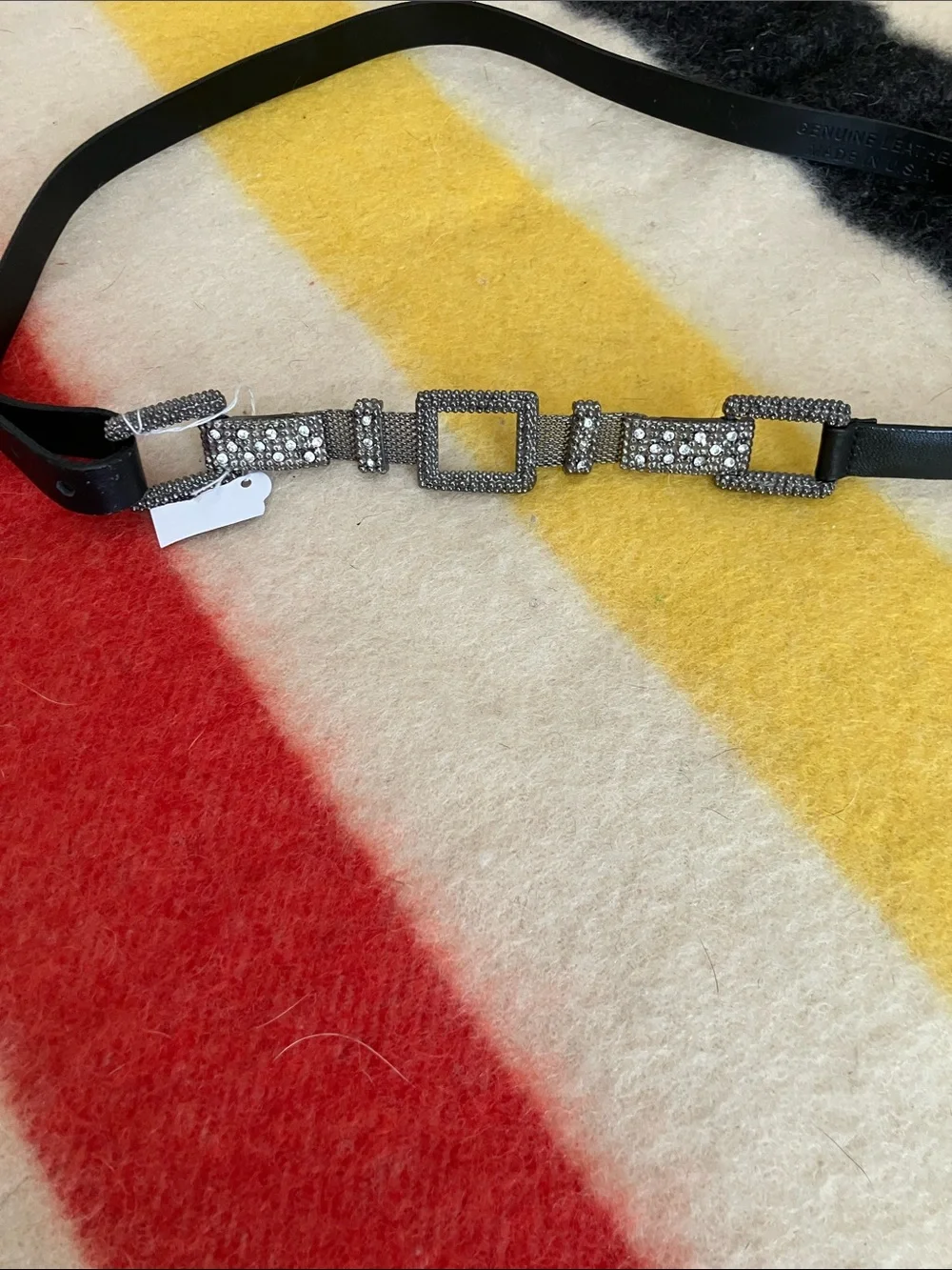 Black Leather Women's Belt with Rhinestone Square Hardware